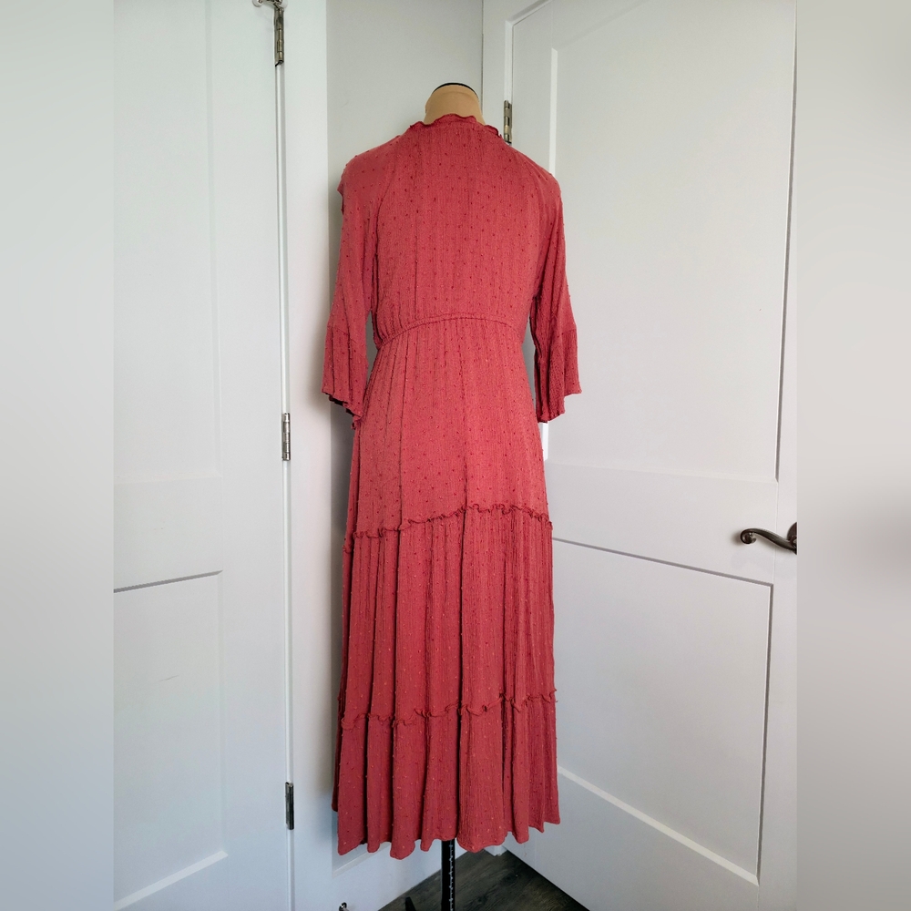 Peach Love California Womens Tiered Dress Large Swiss Dot Coral Boho Western - Picture 6 of 6